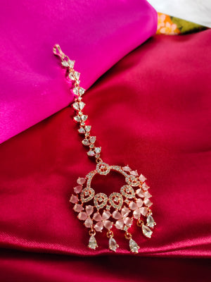 M045_Lovely flower design American diamond studded Maang tika with a touch of  pink stones.