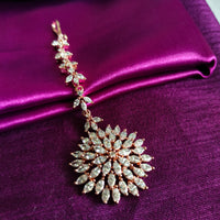 M044_Lovely flower design American diamond studded Maang tika with a touch of sea pink  stones.