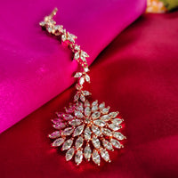 M044_Lovely flower design American diamond studded Maang tika with a touch of sea pink  stones.