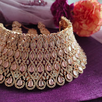 N0603_Classic broad designer rose gold choker necklace embellished with delicate work of American diamond stones.