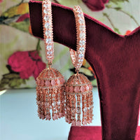 E01004_Ravishing grand layered designer rose gold  hoop jumkas with delicate stone work.