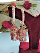 E01004_Ravishing grand layered designer rose gold  hoop jumkas with delicate stone work.