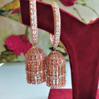 E01004_Ravishing grand layered designer rose gold  hoop jumkas with delicate stone work.