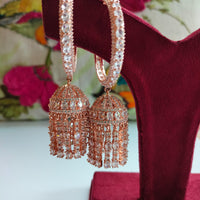 E01003_Ravishing grand layered designer rose gold  hoop jumkas with delicate stone work.