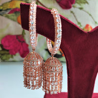 E01003_Ravishing grand layered designer rose gold  hoop jumkas with delicate stone work.