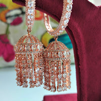 E01003_Ravishing grand layered designer rose gold  hoop jumkas with delicate stone work.