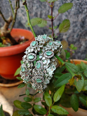 B0350_S_Elegant flowery design Bangles studded with American Diamond stones with a touch of mint green stones with delicate stone work.