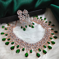 N01129_Lovely designer Rose polished choker necklace embellished with American diamond stones with delicate Green stone work.