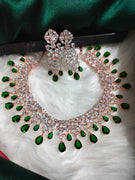 N01129_Lovely designer Rose polished choker necklace embellished with American diamond stones with delicate Green stone work.