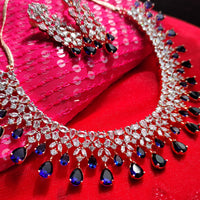 N01137_Grand Lovely designer Rose gold polished choker necklace embellished with American diamond stones with delicate white and Blue stone work.