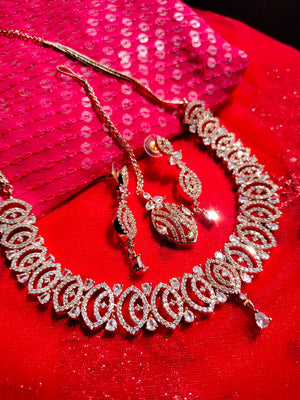 N01138_Grand Lovely designer Rose gold polished choker necklace embellished with American diamond stones with delicate white work.