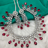 N01146_Grand Lovely designer Silver polished choker necklace embellished with American diamond stones with delicate white & Ruby Pink stone work.