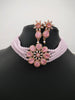 N02025_Classic designer Baby Pink pearl crystal Grand Flower shaped pendant choker necklace set studded  with  American diamond stones.