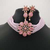 N02025_Classic designer Baby Pink pearl crystal Grand Flower shaped pendant choker necklace set studded  with  American diamond stones.