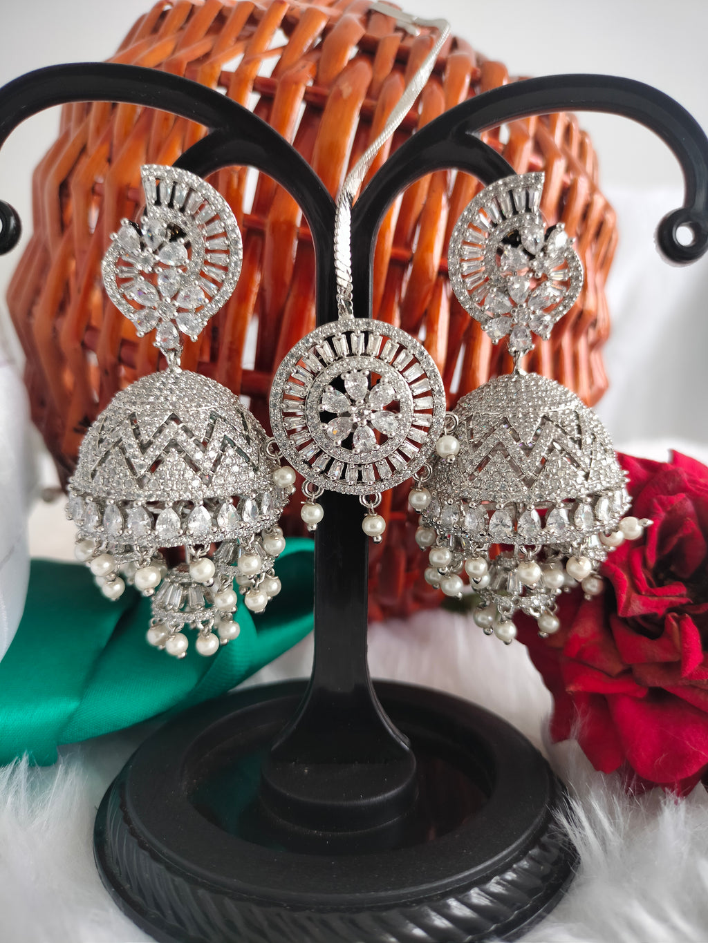 E01014_Ravishing grand layered designer Rhodium Polished hoop Jumkas with Maangtika delicate white stone work.