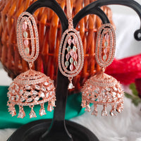 E01013_Ravishing grand layered designer Rose gold hoop Jumkas with Maangtika delicate Multi Colored stone work.