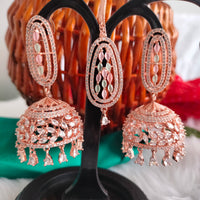 E01013_Ravishing grand layered designer Rose gold hoop Jumkas with Maangtika delicate Multi Colored stone work.