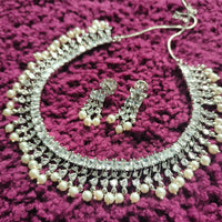 N01147_Grand Lovely designer Silver polished choker necklace embellished with American diamond stones with delicate white and pearl work.