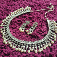 N01147_Grand Lovely designer Silver polished choker necklace embellished with American diamond stones with delicate white and pearl work.