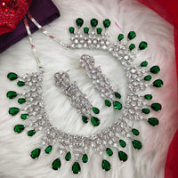 N01159_Grand Lovely designer Rhodium polished choker necklace embellished with American diamond stones with delicate Dark green work.