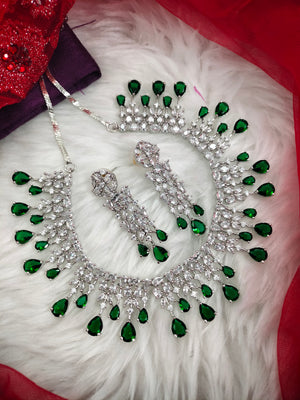 N01159_Grand Lovely designer Rhodium polished choker necklace embellished with American diamond stones with delicate Dark green work.