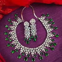 N01159_Grand Lovely designer Rhodium polished choker necklace embellished with American diamond stones with delicate Dark green work.