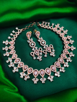 N01149_Grand Lovely designer Rose Gold polished choker necklace embellished with American diamond stones with delicate Baby Pink Stones work.