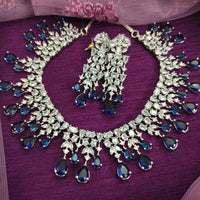 N01158_Grand Lovely designer Rhodium polished choker necklace embellished with American diamond stones with delicate Navy Blue Stones work.