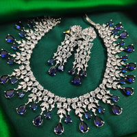 N01158_Grand Lovely designer Rhodium polished choker necklace embellished with American diamond stones with delicate Navy Blue Stones work.