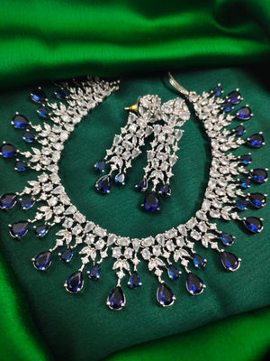 N01158_Grand Lovely designer Rhodium polished choker necklace embellished with American diamond stones with delicate Navy Blue Stones work.