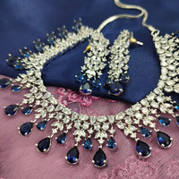 N01158_Grand Lovely designer Rhodium polished choker necklace embellished with American diamond stones with delicate Navy Blue Stones work.