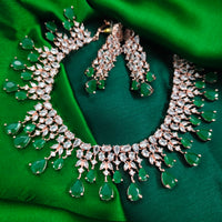 N01151_Grand Lovely designer Rose Gold & Metallic polished choker necklace embellished with American diamond stones with delicate Leafy Green Stones work.