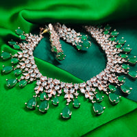 N01151_Grand Lovely designer Rose Gold & Metallic polished choker necklace embellished with American diamond stones with delicate Leafy Green Stones work.