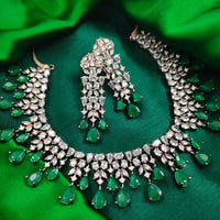 N01151_Grand Lovely designer Rose Gold & Metallic polished choker necklace embellished with American diamond stones with delicate Leafy Green Stones work.