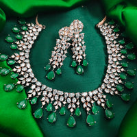 N01151_Grand Lovely designer Rose Gold & Metallic polished choker necklace embellished with American diamond stones with delicate Leafy Green Stones work.