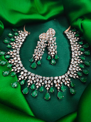 N01151_Grand Lovely designer Rose Gold & Metallic polished choker necklace embellished with American diamond stones with delicate Leafy Green Stones work.