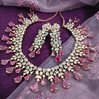 N01153_Grand Lovely designer Rose Gold & Metallic polished choker necklace embellished with American diamond stones with delicate Ruby Pink/ Purple  Stones work.