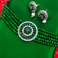 N02022_Classic designer Leafy Green pearl crystal Grand Round shaped pendant choker necklace set studded  with  American diamond stones.