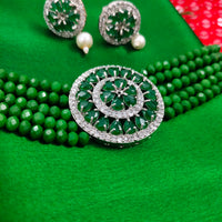 N02022_Classic designer Leafy Green pearl crystal Grand Round shaped pendant choker necklace set studded  with  American diamond stones.