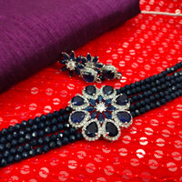 N02023_Classic designer Navy Blue pearl crystal Grand Flower shaped pendant choker necklace set studded  with  American diamond stones.