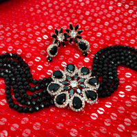 N02024_Classic designer Black pearl crystal Grand Flower shaped pendant choker necklace set studded  with  American diamond stones.