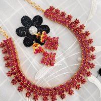 N01172_Grand Lovely designer Gold polished choker Necklace Set  embellished with American diamond stones with delicate Ruby Stones and flower work.