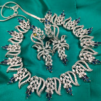 N01174_Grand Lovely designer Silver polished Necklace Set  embellished with American diamond stones with delicate blue Stones .