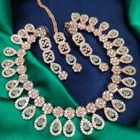 N01173_Grand Lovely designer Rose Gold polished Necklace Set  embellished with American diamond stones with delicate Mint Green Stones .