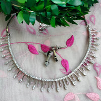 N01163_Grand Lovely designer Silver polished choker Necklace Set  embellished with American diamond stones with delicate Baby Pink Stones work.