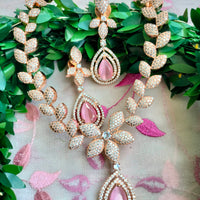 N01169_Grand Lovely designer Rose Gold polished choker Necklace Set  embellished with American diamond stones with delicate Baby Pink Stones work.