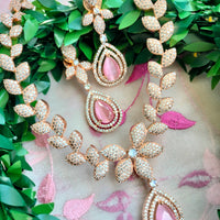 N01169_Grand Lovely designer Rose Gold polished choker Necklace Set  embellished with American diamond stones with delicate Baby Pink Stones work.