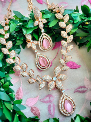 N01169_Grand Lovely designer Rose Gold polished choker Necklace Set  embellished with American diamond stones with delicate Baby Pink Stones work.