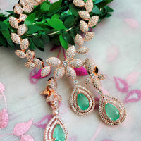 N01168_Grand Lovely designer Rose Gold polished choker Necklace Set  embellished with American diamond stones with delicate Mint Green Stones work.