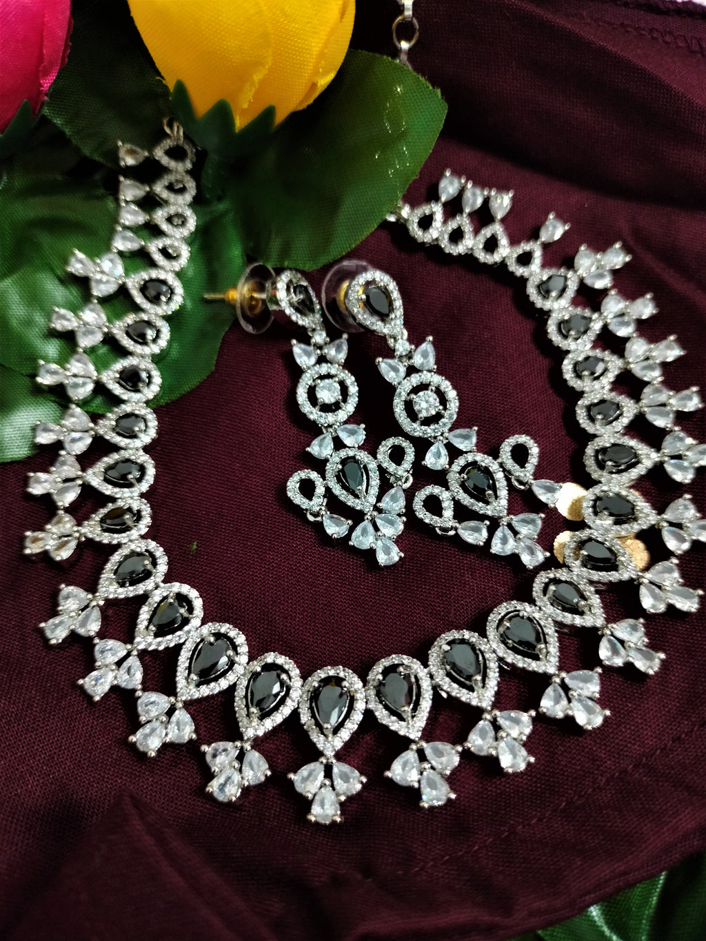 N01175_Grand Lovely designer Silver polished Necklace Set  embellished with American diamond stones with delicate Black Stones .